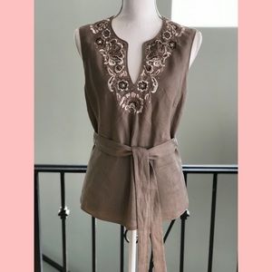 Lafayette 148 V-Neck New York Sleeveless Taupe Linen Top Size L or 12